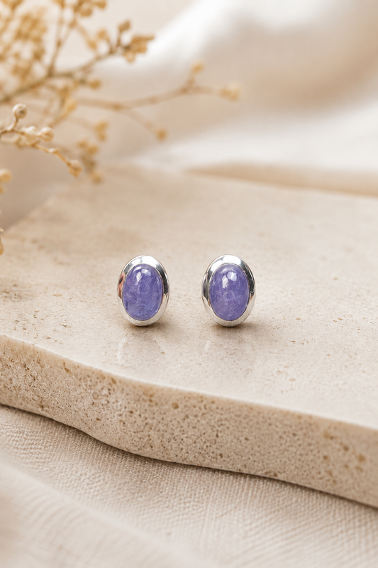 Tanzanite Sterling Silver Stud Earrings – Oval Purple Blue Gemstone Earrings