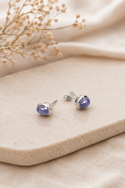 Tanzanite Sterling Silver Stud Earrings – Oval Purple Blue Gemstone Earrings