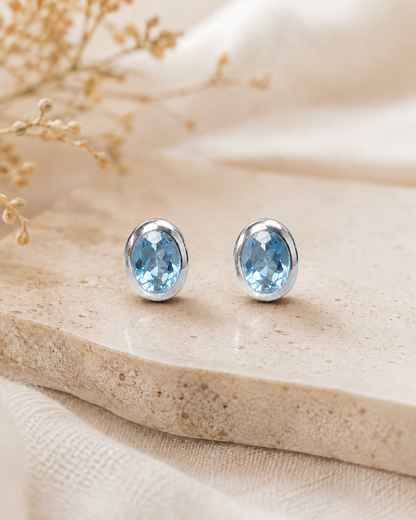 Sterling Silver Blue Topaz Stud Earrings – Oval Gemstone Earrings