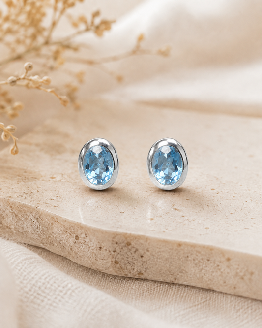 Sterling Silver Blue Topaz Stud Earrings – Oval Gemstone Earrings