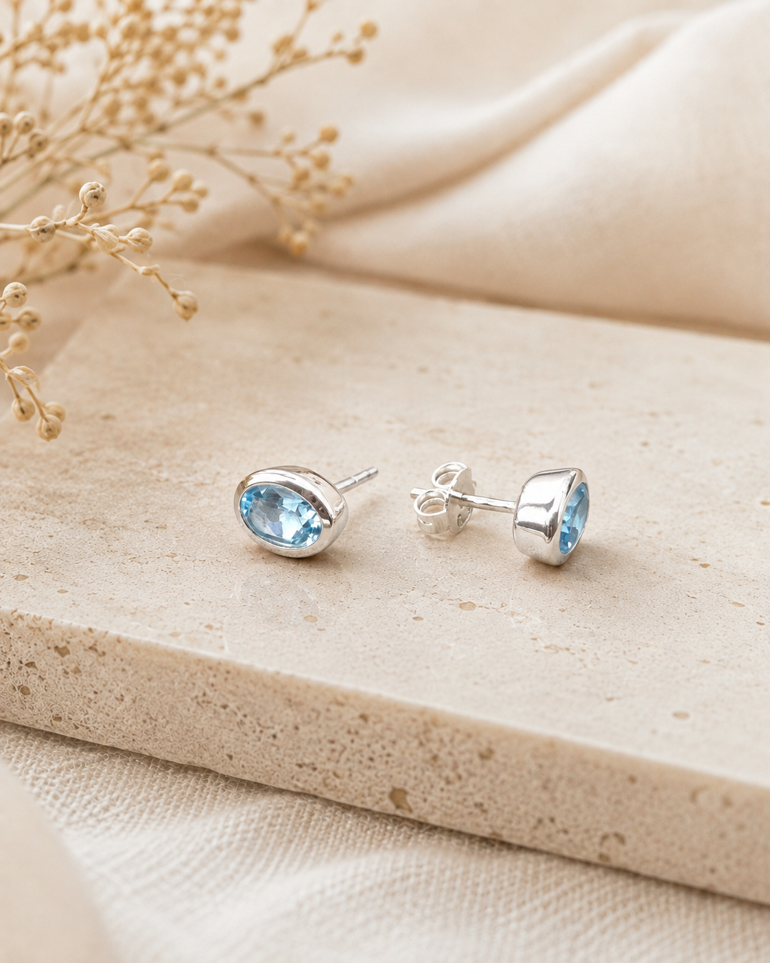 Sterling Silver Blue Topaz Stud Earrings – Oval Gemstone Earrings