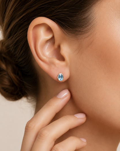 Sterling Silver Blue Topaz Stud Earrings – Oval Gemstone Earrings