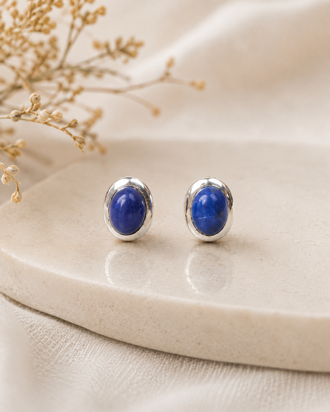 Lapis Lazuli Stud Earrings in Sterling Silver – Oval Blue Gemstone Earrings