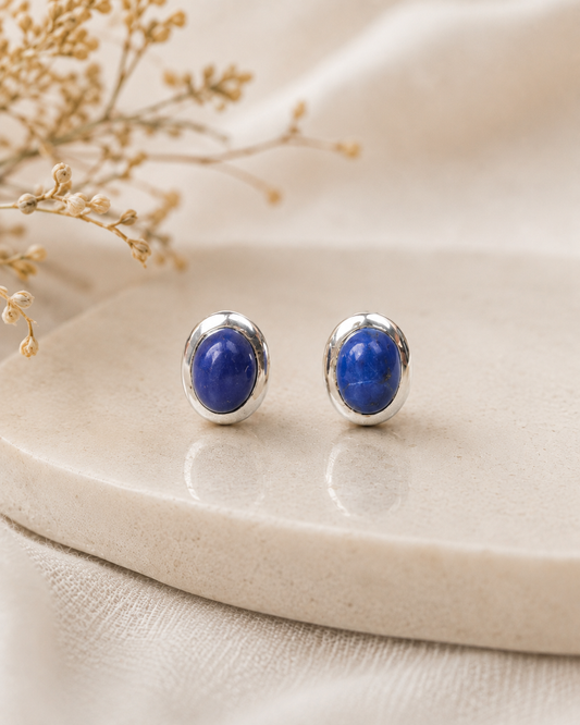 Lapis Lazuli Stud Earrings in Sterling Silver – Oval Blue Gemstone Earrings