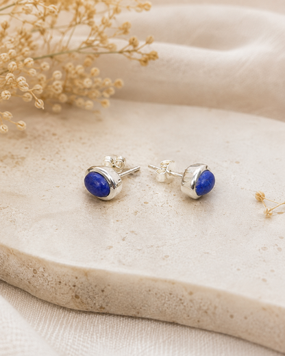 Lapis Lazuli Stud Earrings in Sterling Silver – Oval Blue Gemstone Earrings
