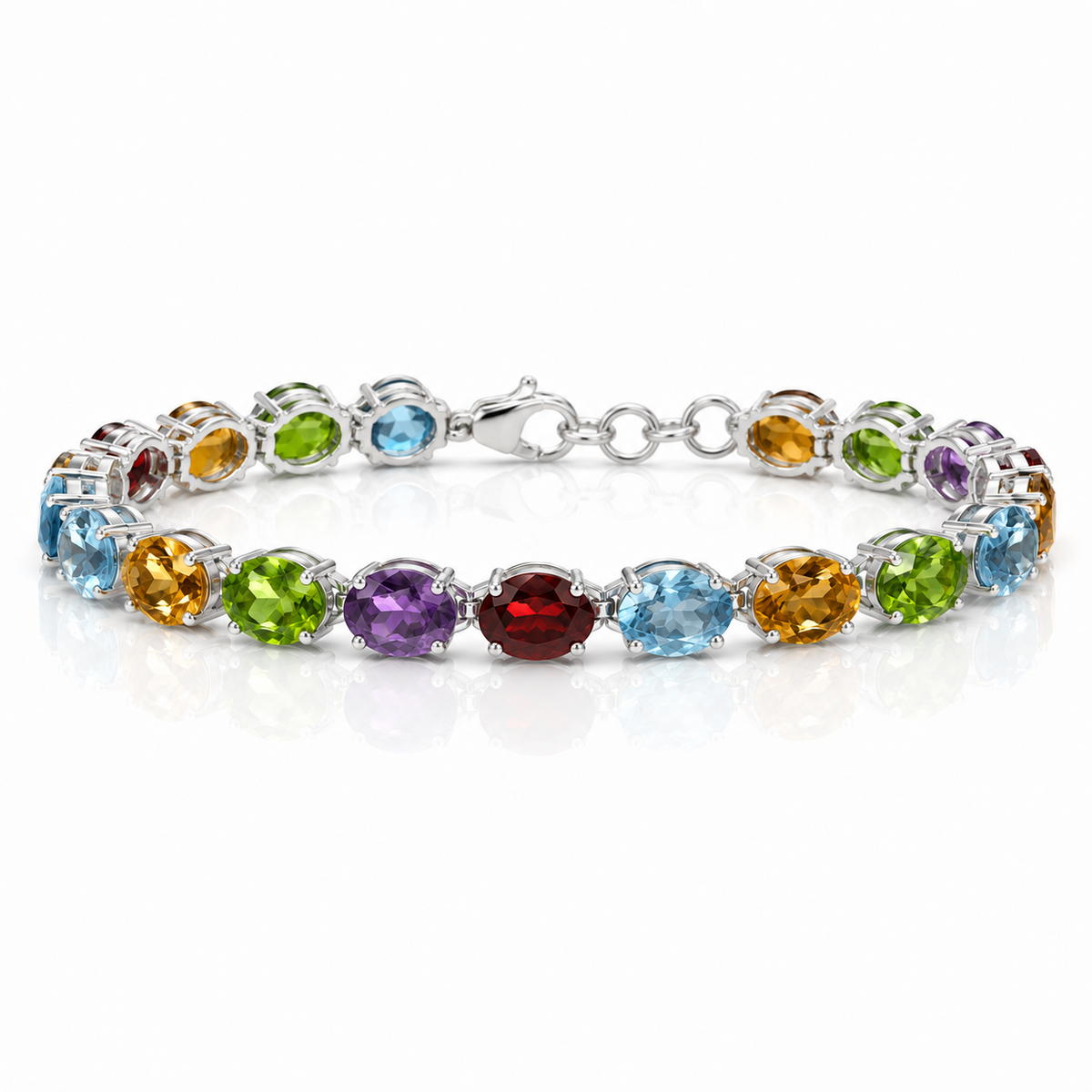 Sterling Silver Multi Gemstone Bracelet – Garnet, Peridot, Blue Topaz, Citrine & Amethyst
