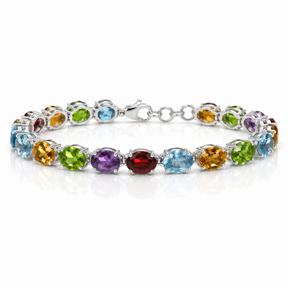 Sterling Silver Multi Gemstone Bracelet – Garnet, Peridot, Blue Topaz, Citrine & Amethyst