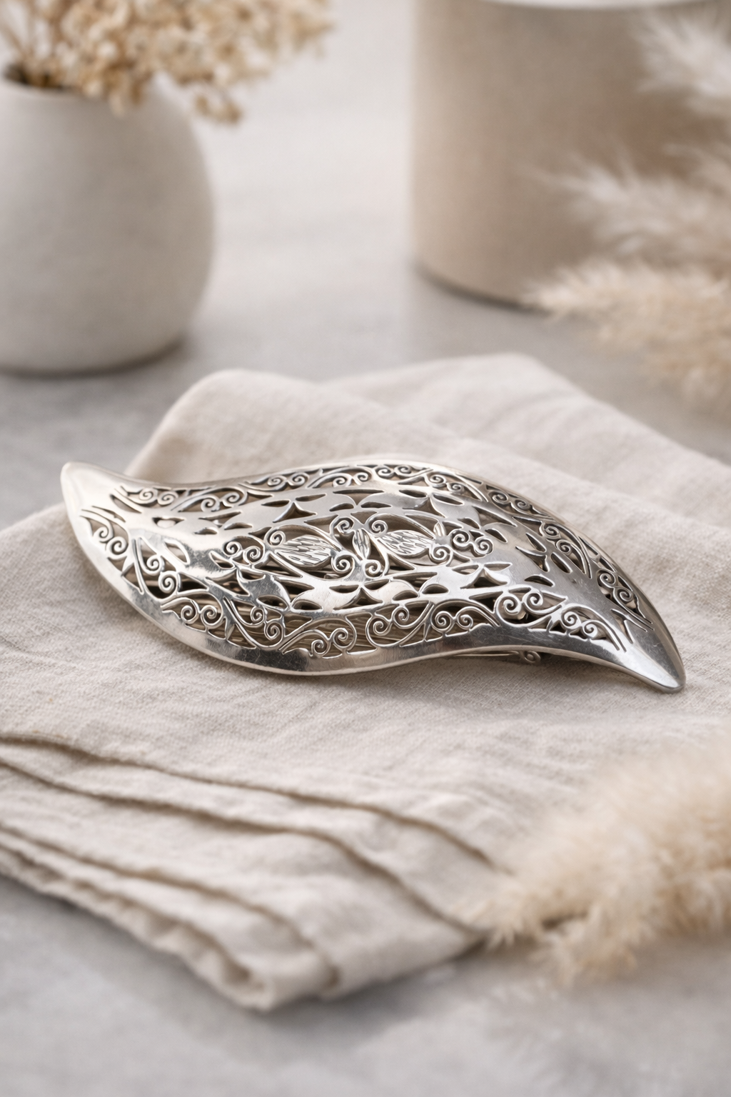 Sterling Silver Filigree Leaf Hair Clip, Handmade Ornate Floral Barrette, Elegant Silver Hair Accessory for Women