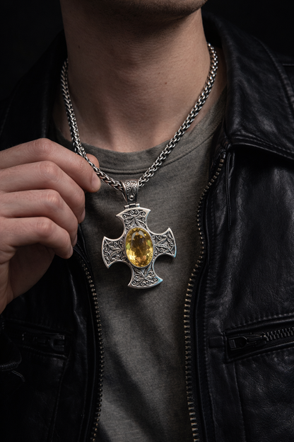 Sterling Silver Citrine Cross Pendant, Ornate Filigree Gothic Maltese Cross Jewelry