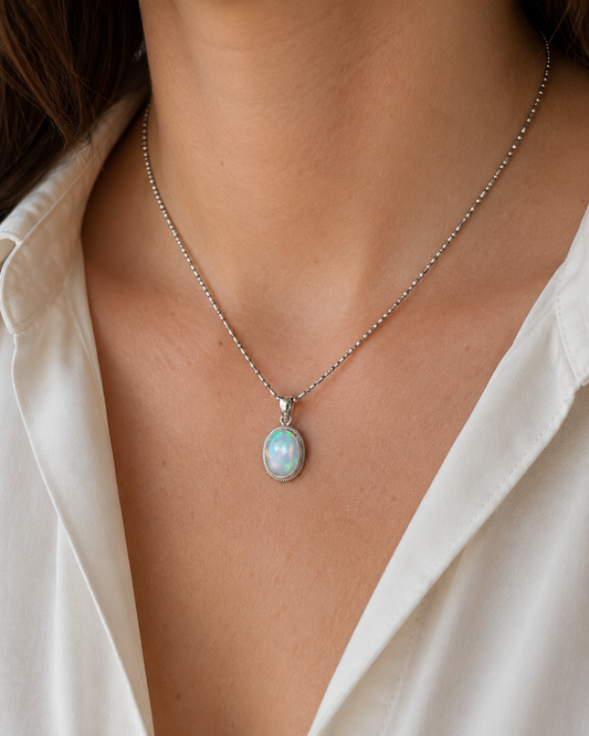 Sterling Silver Opal Pendant – Oval Opal Gemstone Pendant, Handmade 925 Silver Jewelry