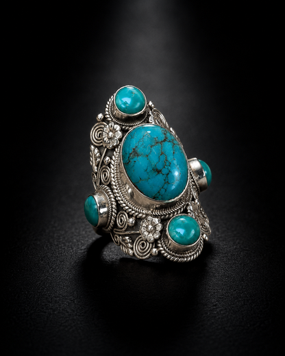 Sterling Silver Turquoise Statement Ring – Handcrafted Boho Gemstone Ring