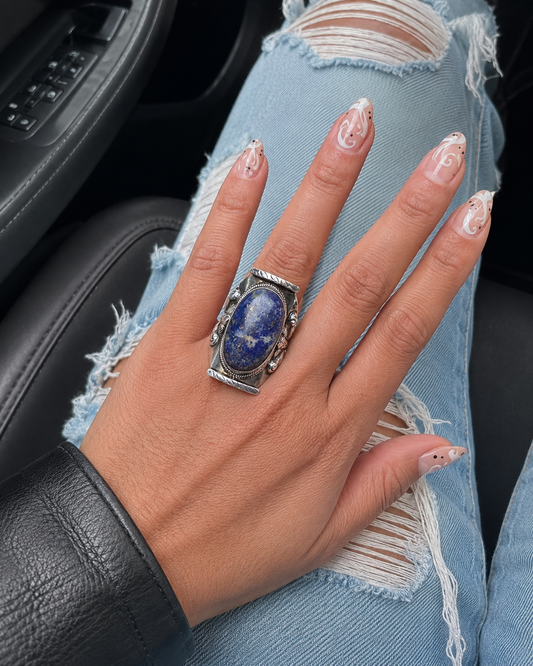 Solid Sterling Silver Lapis Lazuli Statement Ring – Size US 9.5