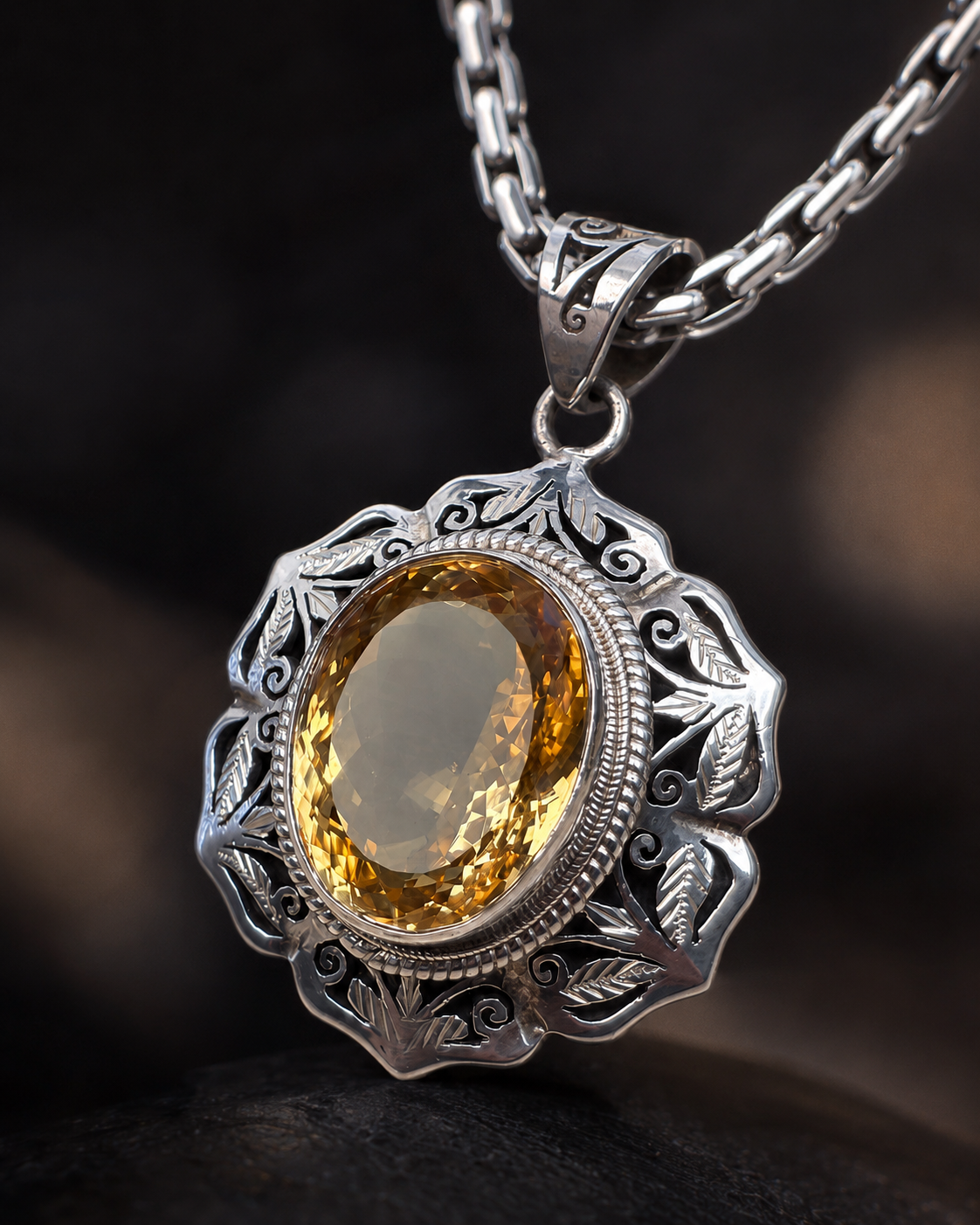 Solid Sterling Silver Citrine Pendant with 18ct Oval Gemstone