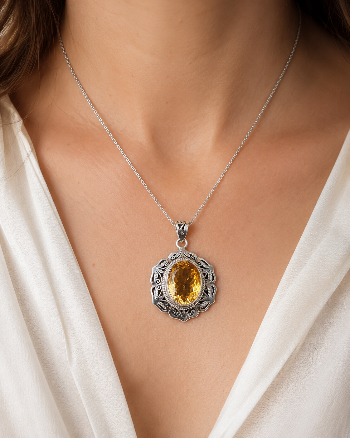 Solid Sterling Silver Citrine Pendant with 18ct Oval Gemstone