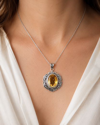 Solid Sterling Silver Citrine Pendant with 18ct Oval Gemstone