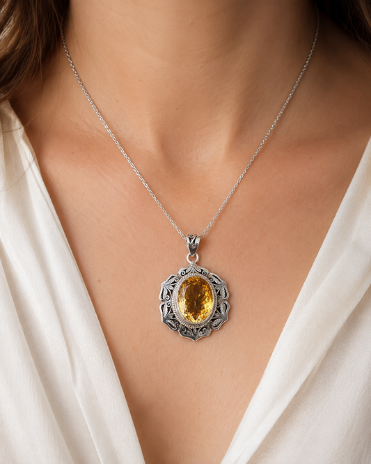 Solid Sterling Silver Citrine Pendant with 18ct Oval Gemstone