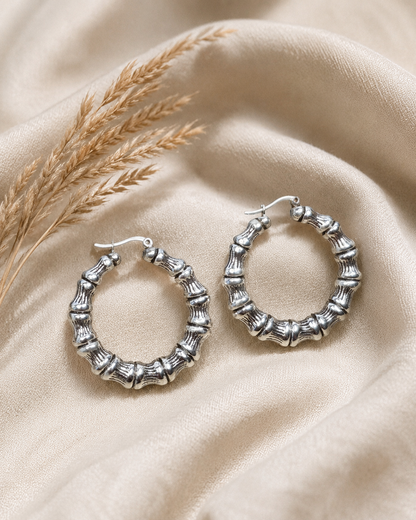 Sterling Silver Bamboo Hoop Earrings – Hollow 6mm Lightweight Statement Hoops