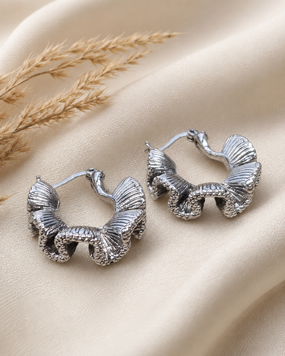 Sterling Silver Ruffle Hoop Earrings – Hollow Pleated Statement Hoops