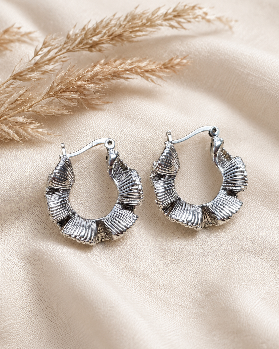 Sterling Silver Ruffle Hoop Earrings – Hollow Pleated Statement Hoops