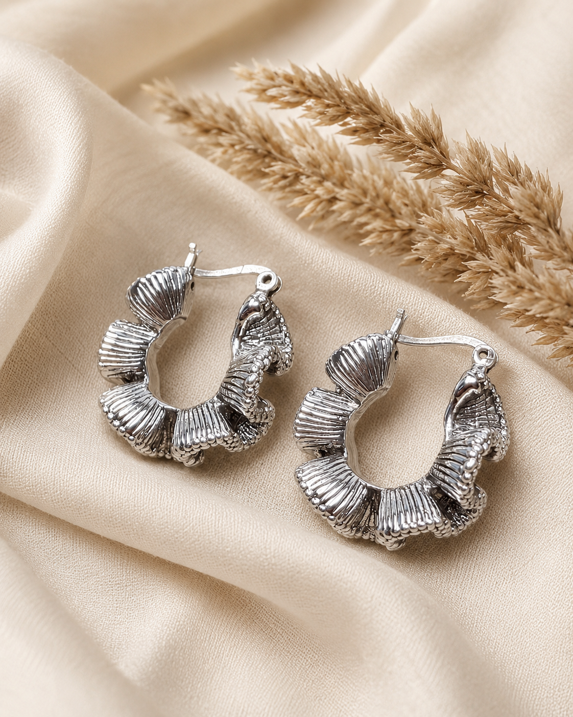 Sterling Silver Ruffle Hoop Earrings – Hollow Pleated Statement Hoops