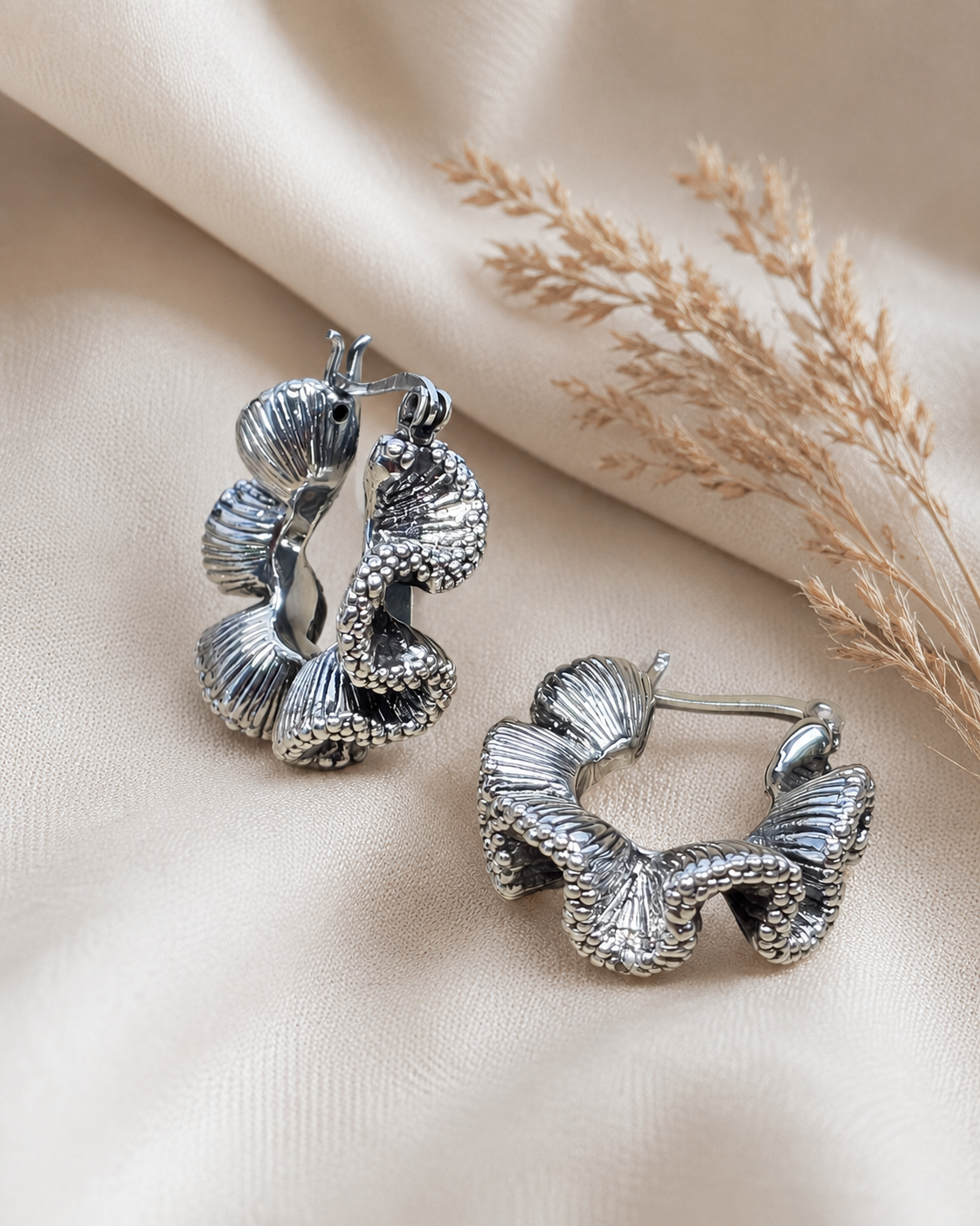 Sterling Silver Ruffle Hoop Earrings – Hollow Pleated Statement Hoops