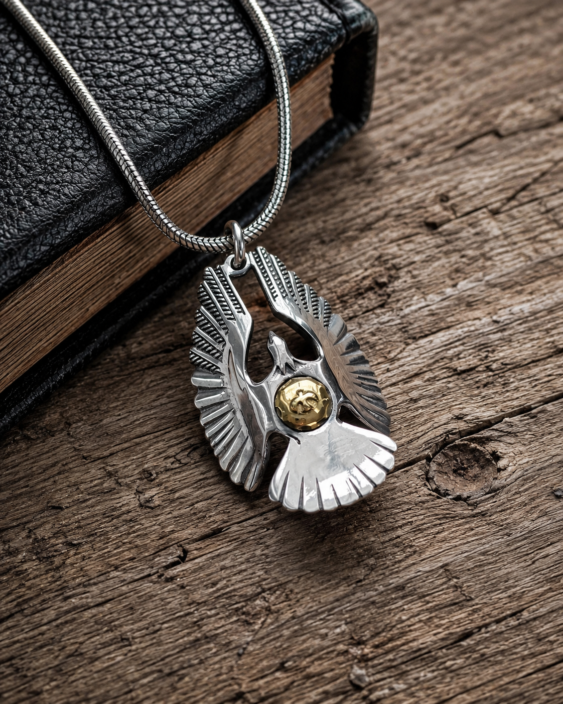 Sterling Silver Eagle Pendant with Brass Center – Bird Necklace Pendant, Southwestern Boho Statement Jewelry