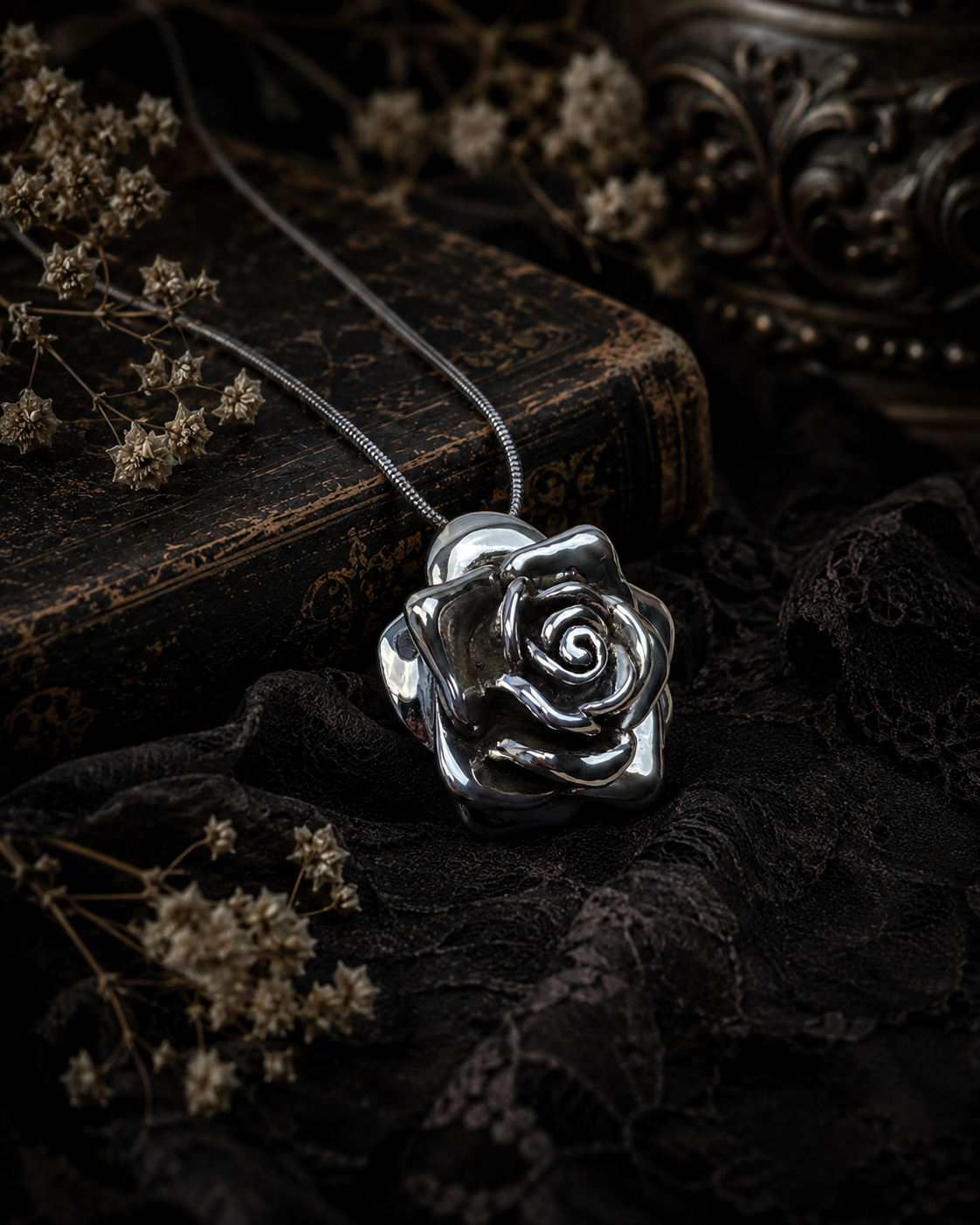 Sterling Silver Rose Pendant – Hollow 925 Silver Flower Charm, Floral Necklace Pendant