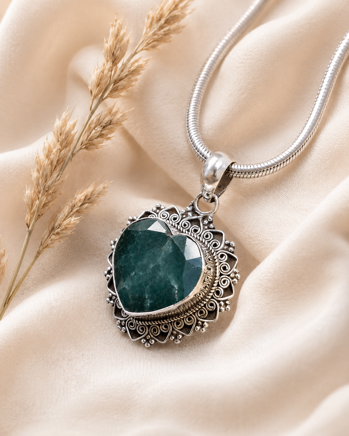 Sterling Silver Emerald Heart Pendant