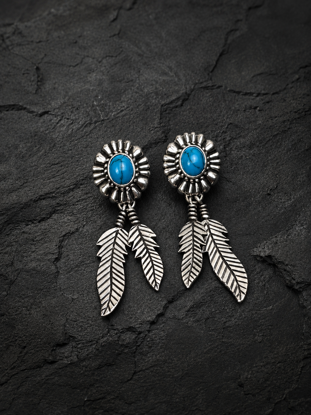 Solid Sterling Silver Turquoise Feather Stud Earrings