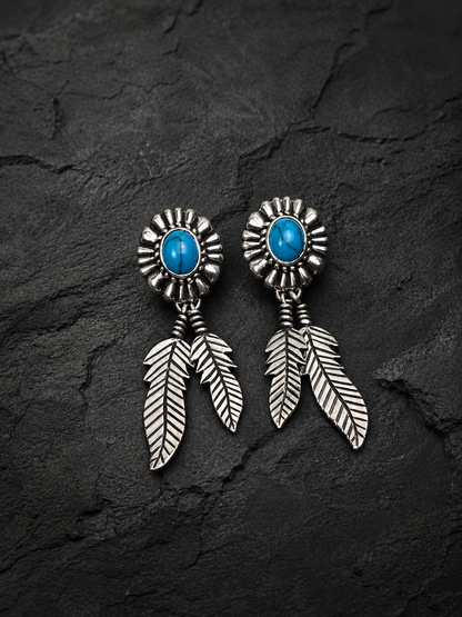 Solid Sterling Silver Turquoise Feather Stud Earrings