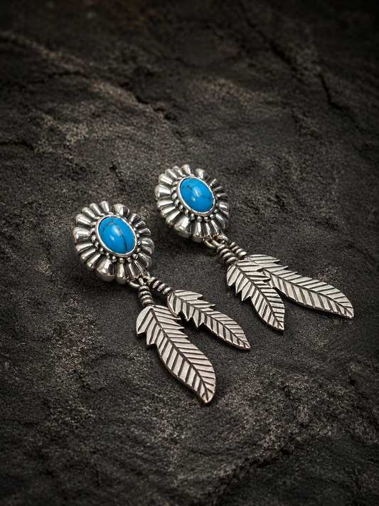 Solid Sterling Silver Turquoise Feather Stud Earrings