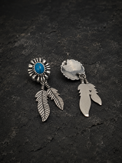 Solid Sterling Silver Turquoise Feather Stud Earrings