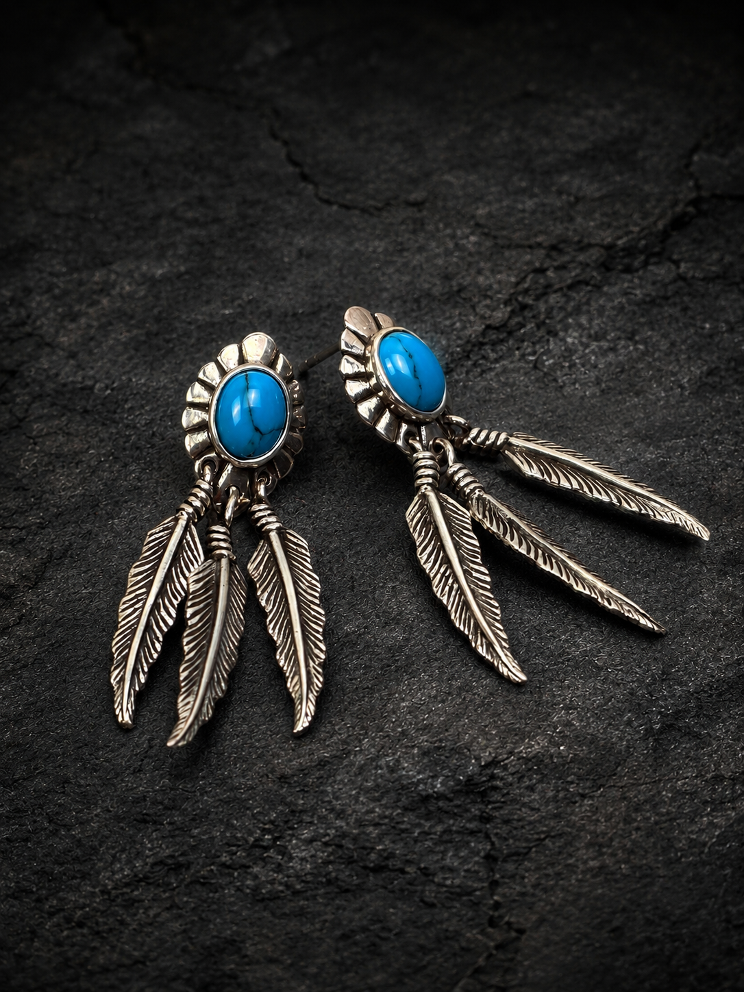 Sterling Silver Turquoise Feather Stud Earrings