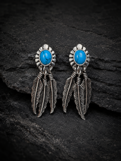 Sterling Silver Turquoise Feather Stud Earrings