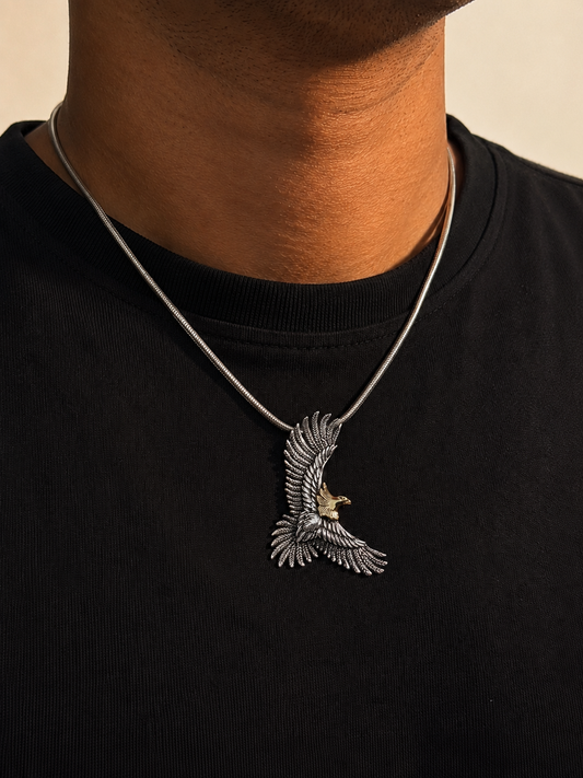 Solid Sterling Silver Eagle Pendant Necklace – Two Tone 925 Silver Flying Eagle Pendant with Brass Accent