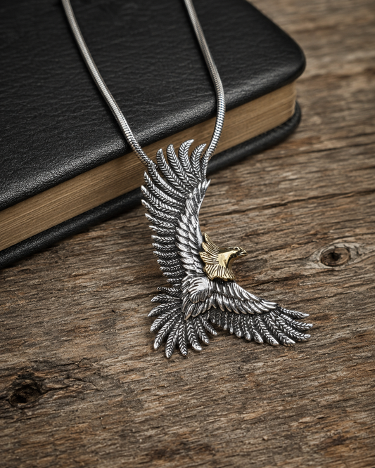Solid Sterling Silver Eagle Pendant Necklace – Two Tone 925 Silver Flying Eagle Pendant with Brass Accent