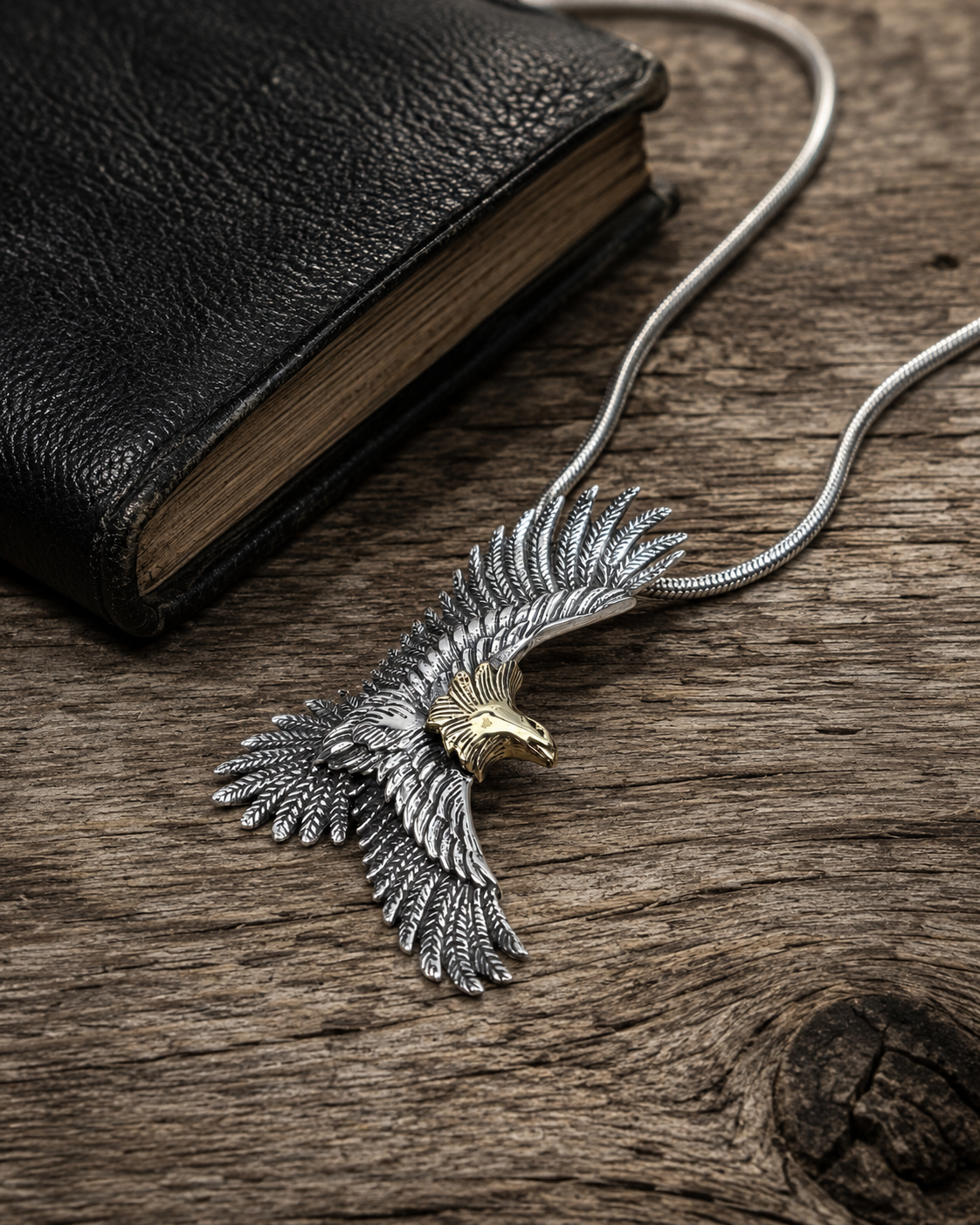 Solid Sterling Silver Eagle Pendant Necklace – Two Tone 925 Silver Flying Eagle Pendant with Brass Accent
