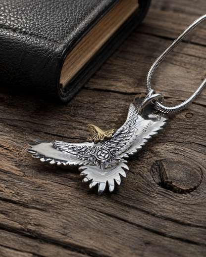 Solid Sterling Silver Eagle Pendant Necklace – Two Tone 925 Silver Flying Eagle Pendant with Brass Accent