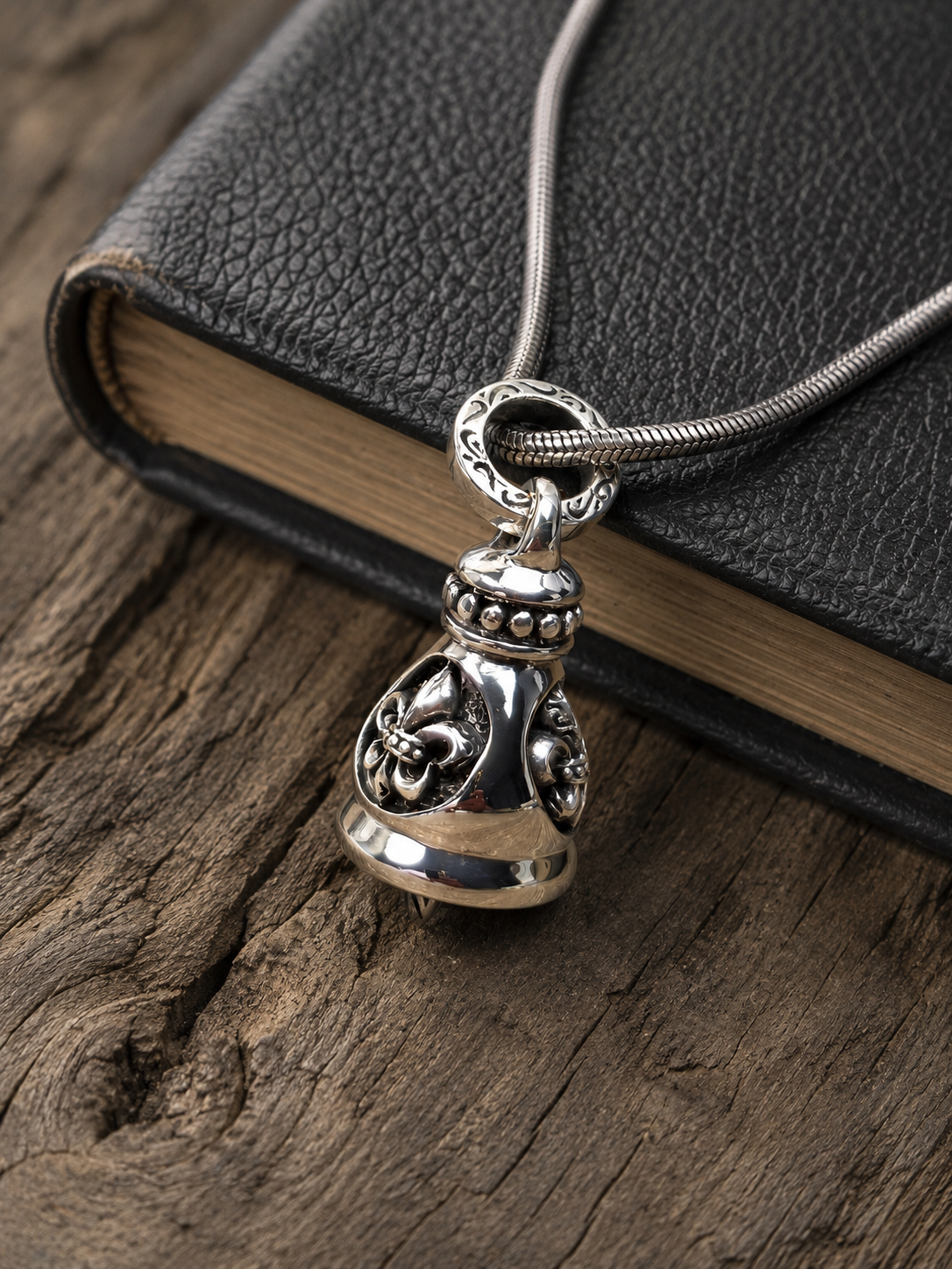 Solid Sterling Silver Fleur-de-Lis Bell Pendant – Oxidized 925 Silver Artisan Gothic Charm Pendant