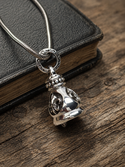 Solid Sterling Silver Fleur-de-Lis Bell Pendant – Oxidized 925 Silver Artisan Gothic Charm Pendant