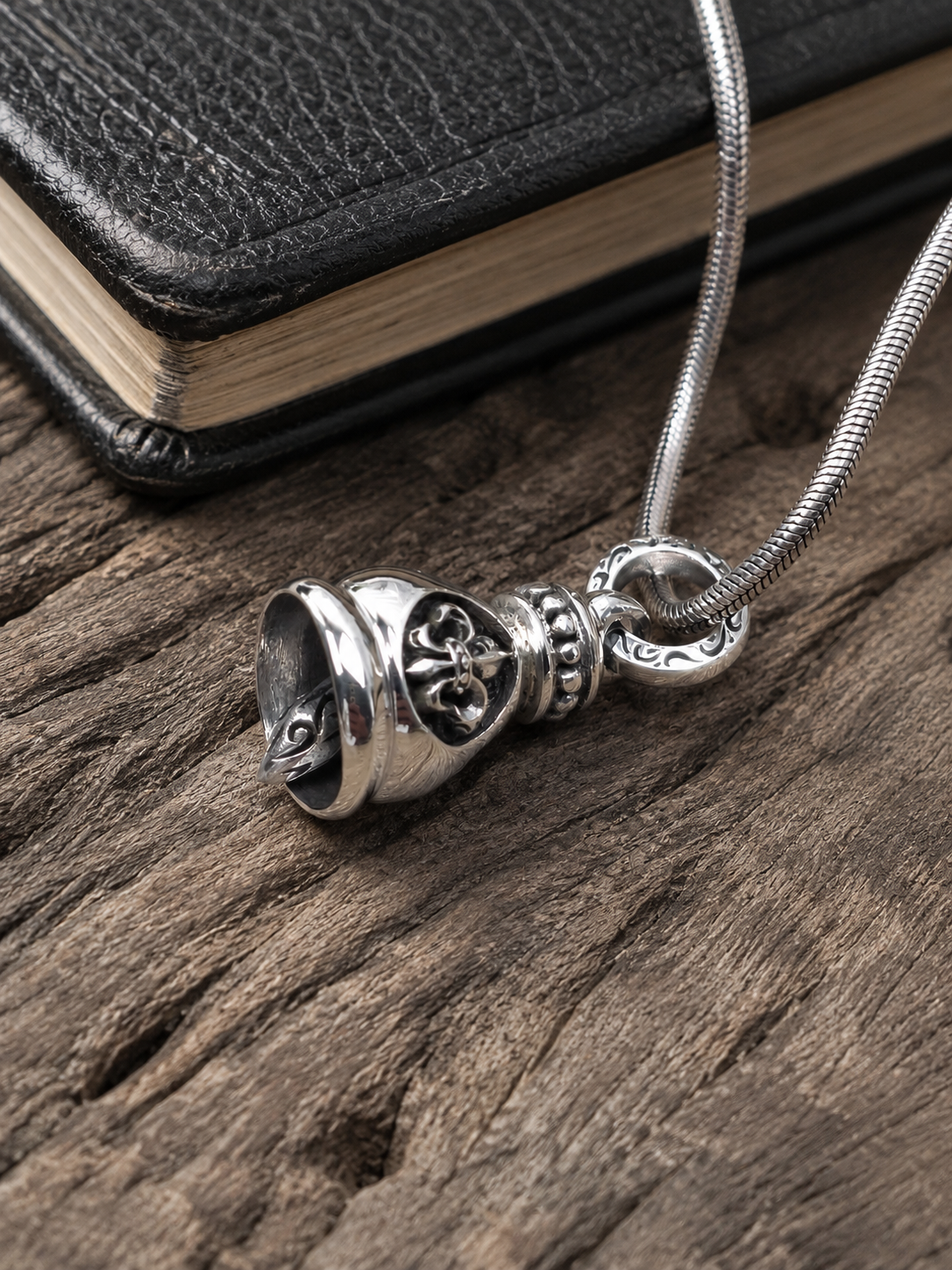 Solid Sterling Silver Fleur-de-Lis Bell Pendant – Oxidized 925 Silver Artisan Gothic Charm Pendant