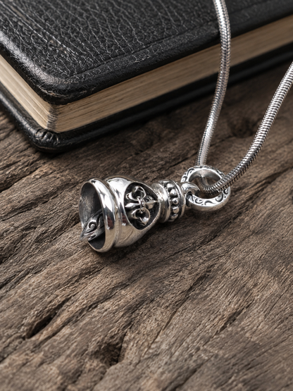 Solid Sterling Silver Fleur-de-Lis Bell Pendant – Oxidized 925 Silver Artisan Gothic Charm Pendant