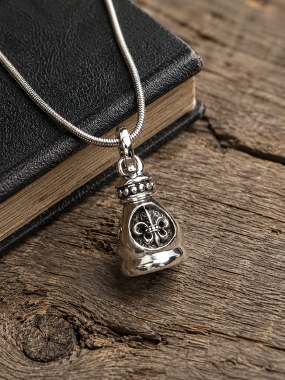 Solid Sterling Silver Fleur-de-Lis Bell Pendant – Oxidized 925 Silver Artisan Gothic Charm Pendant