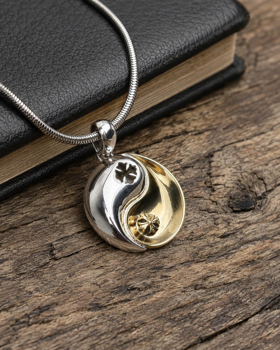 Sterling Silver Yin Yang Cross Pendant with Brass Accents – Fleur de Lis Two Tone Necklace Pendant
