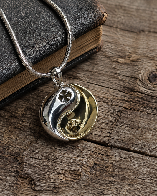 Sterling Silver Yin Yang Cross Pendant with Brass Accents – Fleur de Lis Two Tone Necklace Pendant