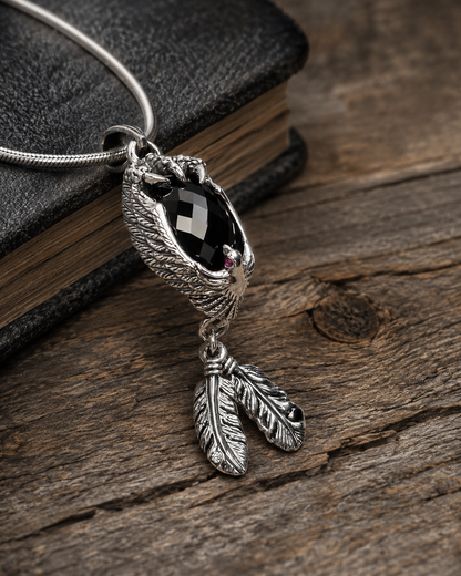 Sterling Silver Eagle Pendant with Black Onyx & Ruby Eyes – Gothic Feather Necklace Pendant