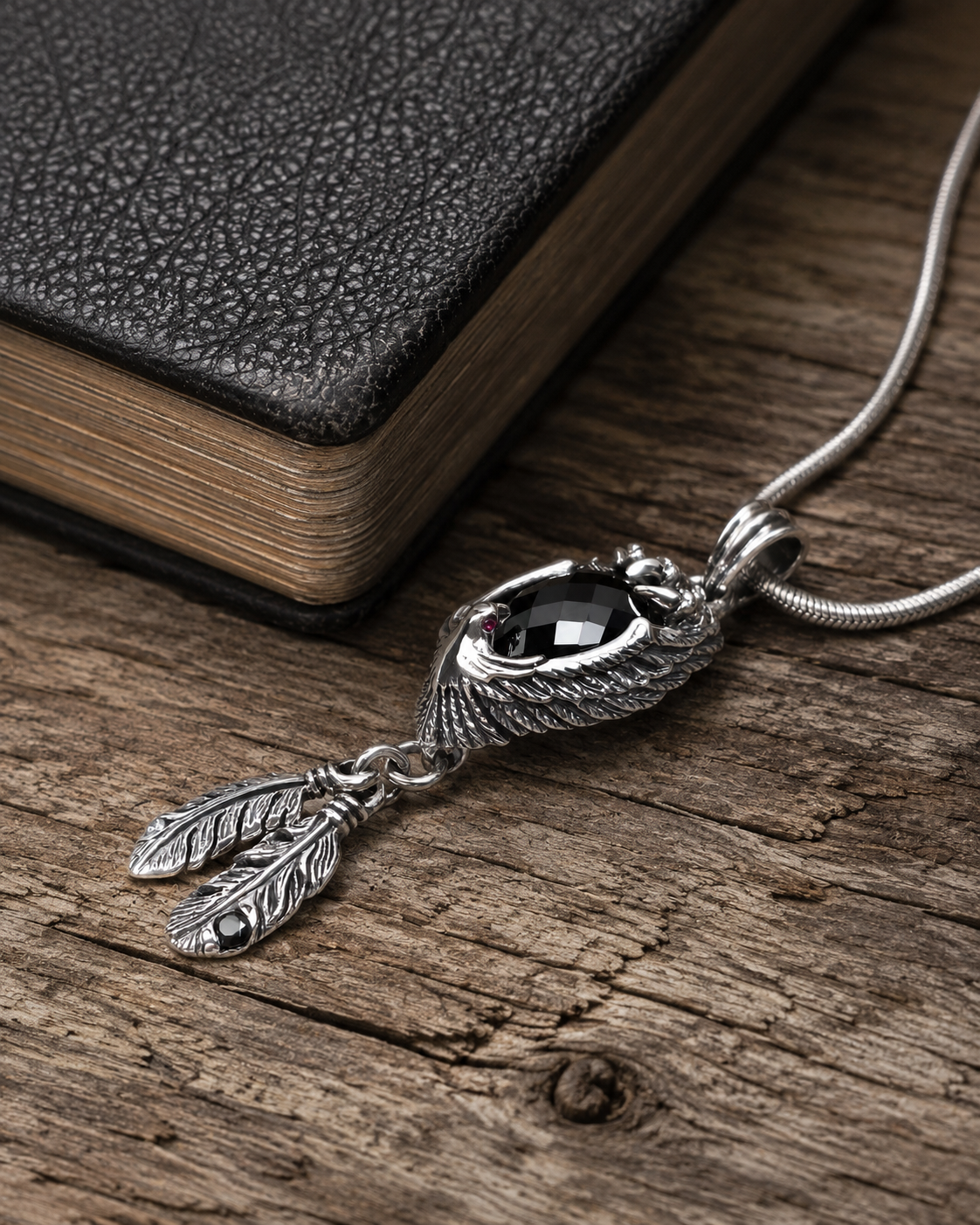 Sterling Silver Eagle Pendant with Black Onyx & Ruby Eyes – Gothic Feather Necklace Pendant