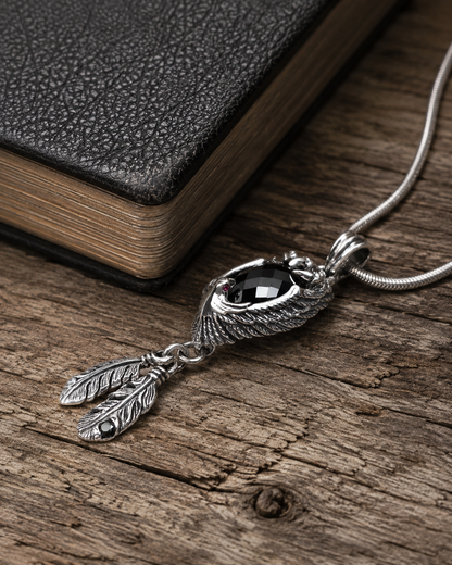 Sterling Silver Eagle Pendant with Black Onyx & Ruby Eyes – Gothic Feather Necklace Pendant