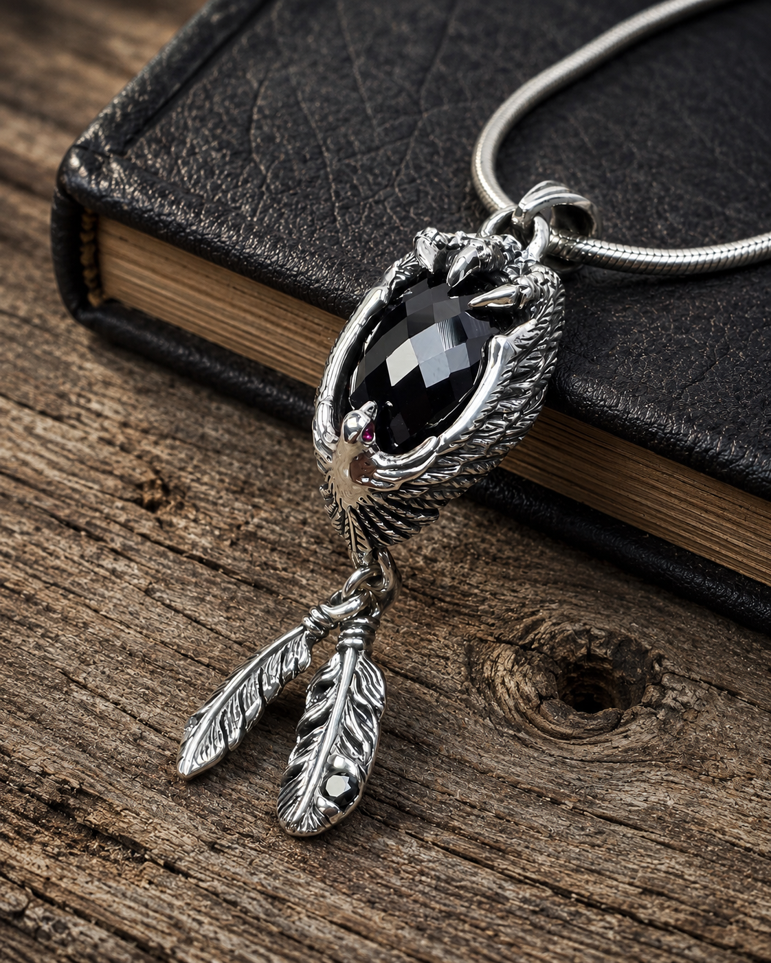 Sterling Silver Eagle Pendant with Black Onyx & Ruby Eyes – Gothic Feather Necklace Pendant