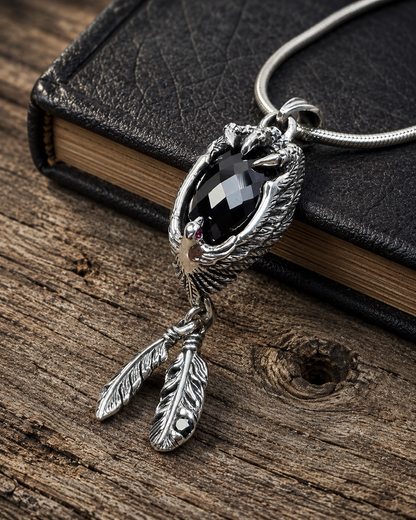 Sterling Silver Eagle Pendant with Black Onyx & Ruby Eyes – Gothic Feather Necklace Pendant